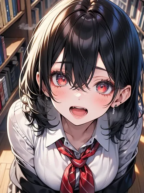 masterpiece, best quality, 16k, detailed eyes, 1 girl, 28yo, medium hair, black hair, hair is between eyes, large breasts, sagging breasts, round eyes, oval eyes, kind eyes, (half-closed eyes:0.8), (open mouth:1.3), blush, orgasm, steam, school uniform, li...