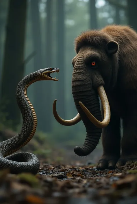 A full-body ultra-realistic image of a snake and a woolly mammoth standing face-to-face, both with intense, angry expressions. The snake’s scales are intricately detailed, reflecting the light with a lifelike sheen, while its body coils in an aggressive st...