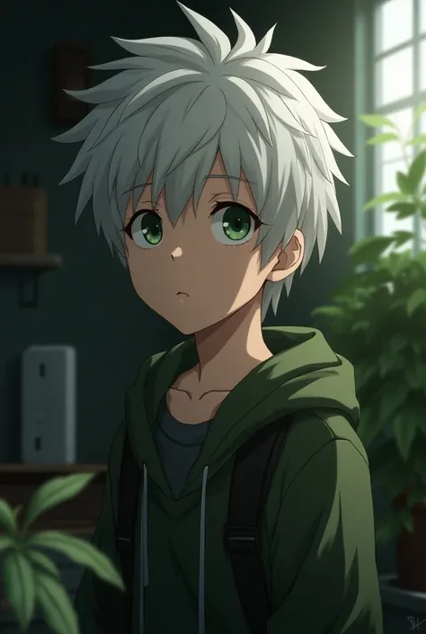 Haikyuu screenshot, boy with wavy white hair, slanted army green eyes, thin upper and middle lips, lower lips, vagabunbette style clothing, in the background of a room, with bored expression