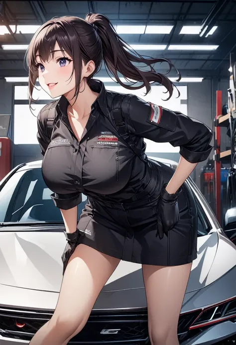 Beautiful girl 、Age 30、Best Quality、Ultra-precision、Detailed drawing、Leaning forward、Car Garage 、 black mechanic wear、、 black gloves 、tool、Sharpness、 ponytail、Vivid colors、smile、 Beautiful Slender Body 、Beautiful big boobs、Wear upper body clothes、 CG Illus...