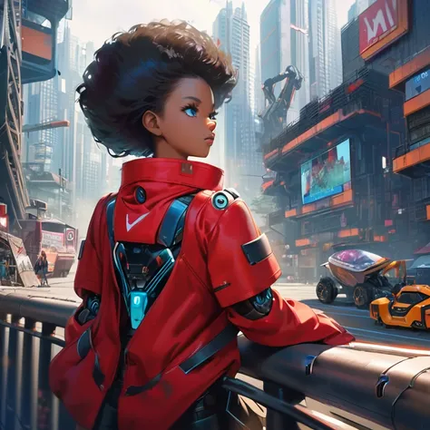 1girl, city,  construction , cyberpunk, skyscraper,  science fiction , cyborg, Alone, short black hair, bright, breasts,  cityscape, crane (machine), toys, realistic, ,  dark-skinned woman, blue eyes, standing, Red jacket, cybernetic body, bionic arm,  cyb...