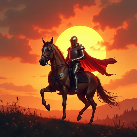 knight riding his horse in a sunset