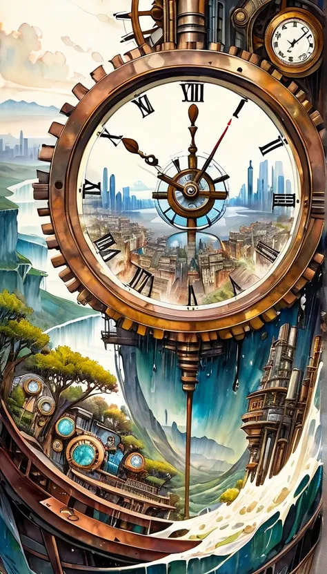 best quality, super fine, 16k, delicate and dynamic, superb watercolor landscape painting, with cyberpunk dieselpunk clockpunk steampunk cities towering on all four sides of the kaleidoscope, new and old, learning from the past, (magnificent view:1.5) , (w...