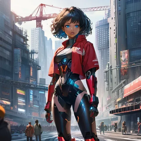 1girl, city,  construction , cyberpunk, skyscraper,  science fiction , cyborg, Alone, short black hair, bright, breasts,  cityscape, crane (machine), toys, realistic, ,  dark-skinned woman, blue eyes, standing, Red jacket, cybernetic body, bionic arm,  cyb...