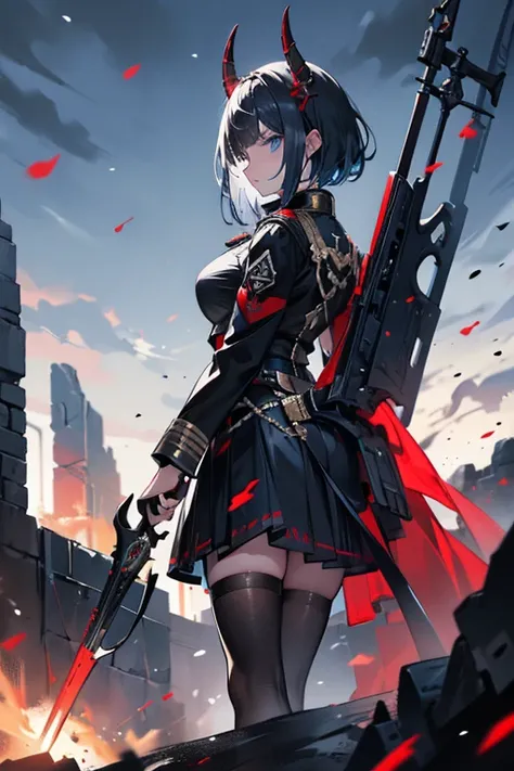   down in high resolution,Thick Painting Illustration,   one woman,soldier,Reptile tail,Black Tail,   black horn,There are 2  black horns ,  blue shorthair with 2   black horns ,   blue eyes,  Blue military uniform  ,   red cloak, white long skirt,Im holdi...