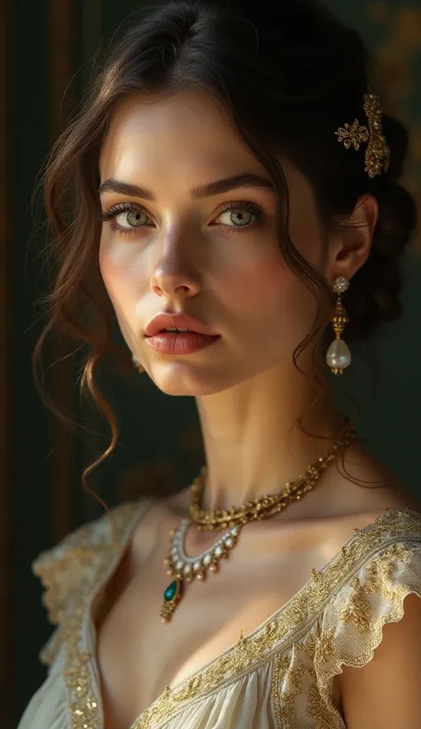 a beautiful Ukrainian woman, detailed face, detailed eyes, detailed lips, long eyelashes, beautiful skin, elegant hairstyle, ornate jewelry, flowing dress, serene expression, dramatic lighting, cinematic composition,  photorealistic, high quality, masterpi...