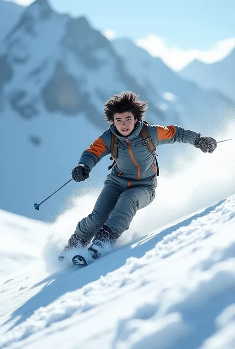 a young man with wavy black hair is doing downhill