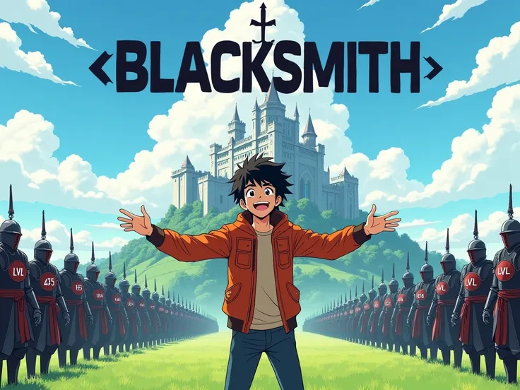 Illustrate an anime scene of a young man with messy black hair wearing an orange jacket and a confident smile, standing in the center of a grand field with his arms wide open. Above him, a bold label reads BLACKSMITH with an arrow pointing down at him. In ...