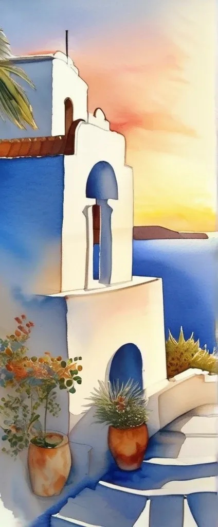 ((Watercolor)),Watercolor landscape: Santorini,Greece,Gentle colors,Beautiful blue and white contrast,Use watercolors and colored pencils,intricate details,very fine details,delicate touch,Bleeding characteristic of watercolor paints,masterpiece,incredibly...