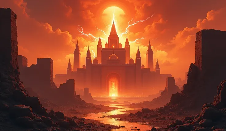 Image of an ancient city, stylized to represent Babylon, rising from the ruins with glowing roots in red and gold, suggesting the link with the prophetic number of 2,520 years.