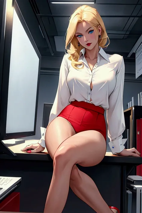 a woman with blonde hair, short, blue eyes,  red lips.  Sitting on top of an office table   ,  With wide open legs .  The photo focuses well on her crotch She is wearing red panties and a white blouse.   She has thick legs and pointy breasts   