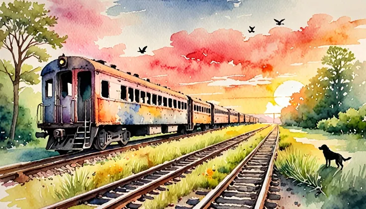 "A watercolor-style illustration and sketch of an old, abandoned train on a stretch of track, serving as a home for birds and dogs. Nature resists transforming the scene and making it even more beautiful, completing a beautiful sunset."