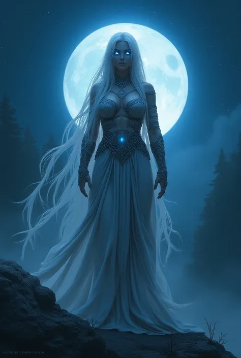 Moon warrior with blue eyes and long whitish hair