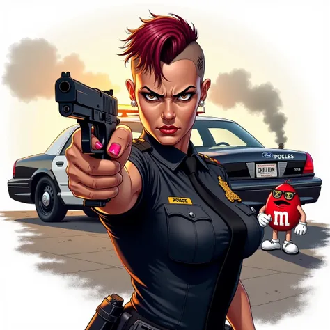 Female police officer Sergeant from Los Angeles she is holding a pistol with one hand in a fist,  pointing at the gun ,  she is looking and staring at the target , angry female cop ,  serious expression , Very dangerous ,  uniform black pattern with crease...