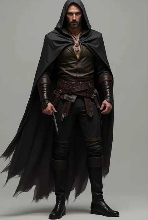 A svelte man with a cloak with a hood that hes not wearing (fine black cloth with arcane touch). He is wearing a leather tunic with long sleeves and narrow cut (adjustable to the body and dark brown). Hes wearing leather pants with knee reinforcement and l...