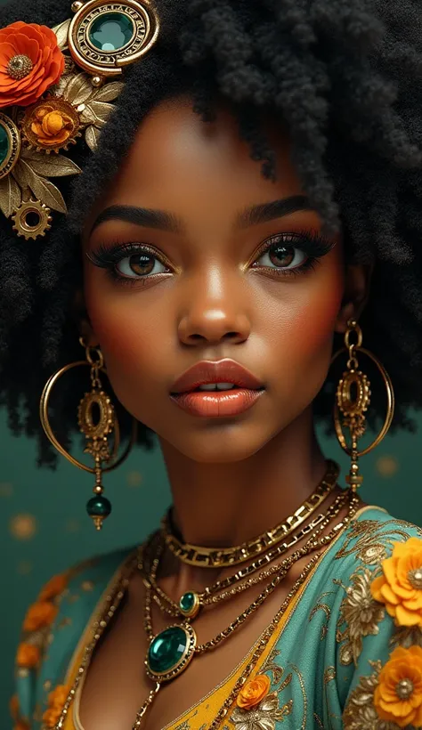 a beautiful afroamerican woman, detailed face, detailed eyes, detailed lips, long eyelashes, beautiful skin,  photorealistic, high quality, masterpiece by Alphonse Mucha by artgerm, style steampunk 