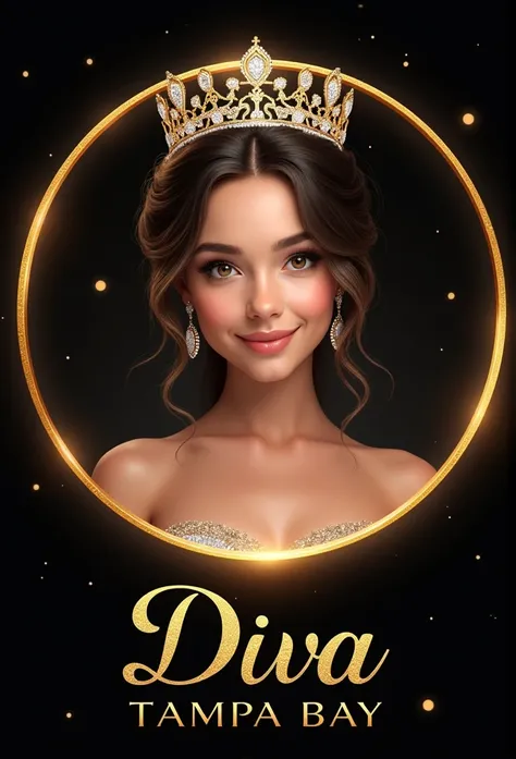 A very realistic girl with an air of grandeur, a light and triumphant smile, wearing a beauty pageant princess crown. Ball gown, and earrings. The girl is inside the golden circular frame with tiny diamonds. At the bottom is the golden text with diamond sh...