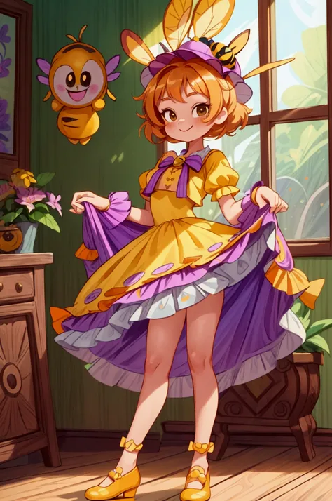 (masterpiece, best quality) standing, indoor, intricate detail, sunlight,  1 girl, Bea From brawl Stars, yellow and purple frilly dress, purple and yellow shoes, orange hair, cute bee hat, brown dark eyes, smiley face, sexy pose, coquette, gorgeous legs, m...