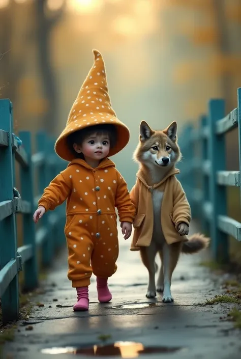 UnknownThe image presents a whimsical fantasy scene featuring an  and a wolf. The focus is on two primary subjects, a  and a wolf, who are walking in close proximity down a pathway. The  is dressed in a vibrant ensemble consisting of an orange sleeper with...