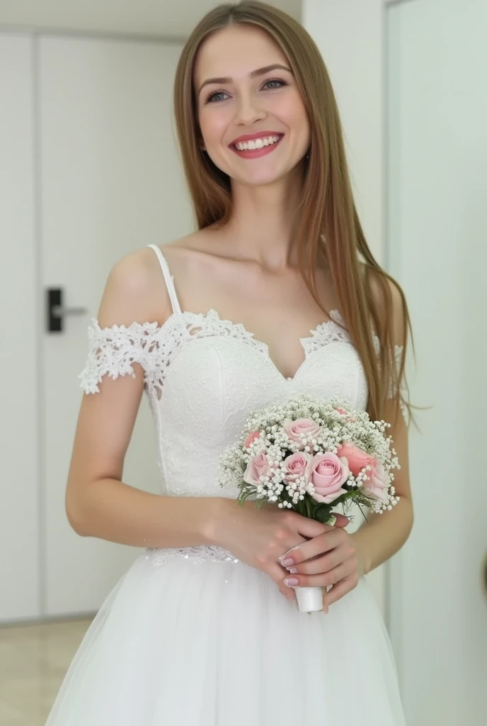 1girl, solo,dark blonde hair,grey eyes,long hair,straight hair,white wedding dress,holding flowers,smile,bright smile
