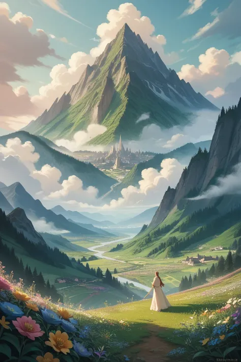 The land of the gods and immortals, beautiful flowers, lush green mountains, magnificent cities shining with golden light, people bustling about, high mountains and floating clouds.