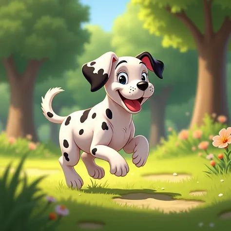  A sunny park with green grass ,  trees and flowers .
 A little white dog with black spots  (puppy) Run merrily ,  with an expression of happiness and curiosity.(Without being animated 101 Dalmatians style)