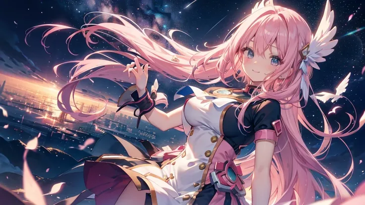  cute anime pink haired girl、 dynamic 、solo,long hair,（ angle from above ,Under the Night Sky,The best smile ,Feminine Style）