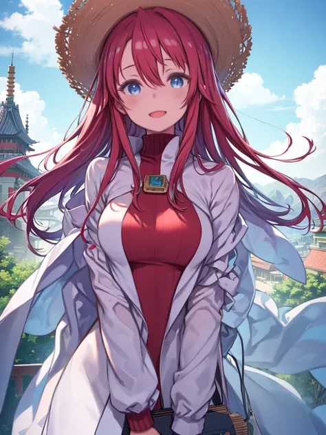  viewers, 1 girl,Alone, viewers,,smile, open your mouth ,Blue Sky,day,, beautiful, pale image ,  smooth skin,  anime Straw Hat, nature, Mountain々, cloud, glass, flower,,Lighting surface,share、Red color hair、Hair between the eyes、 straight long hair 、 blue ...