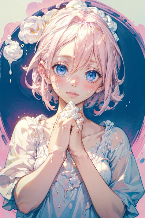 1girl,cute,(((pink short hair,blue eyes))),upper body,
hands focus,hand cream,cream with hands, hands are sticky,hands are covered in cream,(((apply cream on hands))), put on some cream with hands,