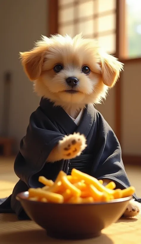 8k, Realistic. Photorealistic. Image is vibrantly colored. photo,Highly detailed Photo quality, high quality, 

head shot（face shot）

A puppy is dressed.
Japanese Seiza like a human,
eating One stick of french fries with a kitten hand,
Heaping French fries...