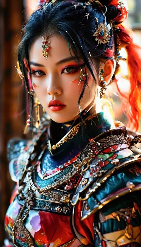 Elegant female samurai, kaleidoscope style, adorned with detailed, luxurious crystal and precious stone jewelry, flawless makeup, rich lips, calm yet fierce gaze, anime-style eyelashes. Dressed in colorful, feudal Japan-inspired armor with a stylish, intri...