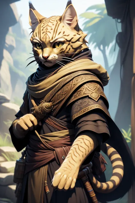 (8k, foto RAW, best quality, masterpiece),  a detailed portrait of the character, clearly worked details, (Tabaxi:1.4, Khajiit:1.4), ( On your own , burglar, bandit, Balaclava covering part of the face ), fantasy burglar clothes, rpg,  holding a bow , swor...