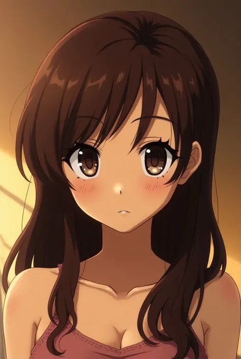 A character from the anime Hunter x Hunter  (2011)  tanned brunette girl with dark copper brown hair, 1.63 tall, dark brown eyes, with freckles that shine ,  cute and sexy