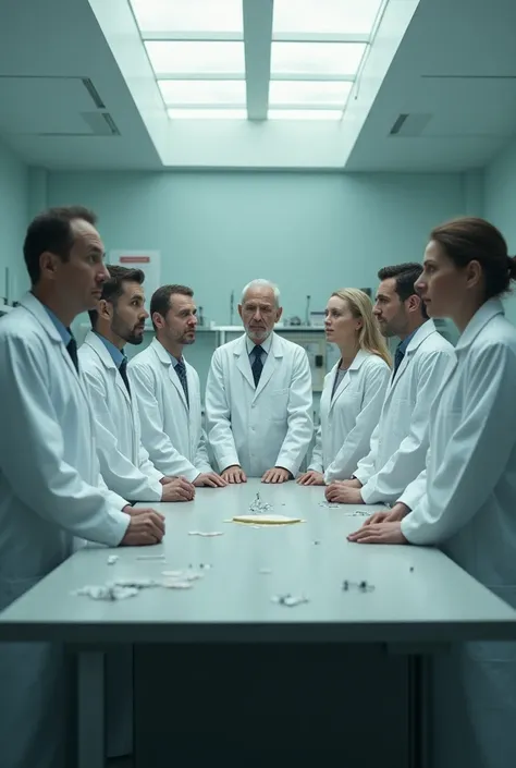 scientists in a room with an experiment on the table and expressing denial of the experiment and looking at the camera