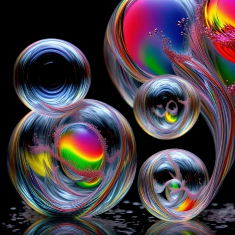 best quality 3d images of glass orbs and spheres pouring melted candy colours from one glass orb into another, shimmering glass ...