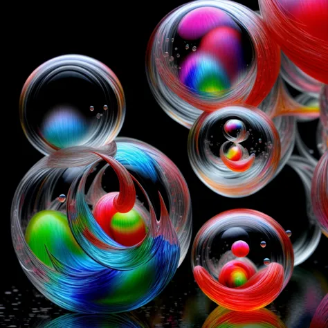 best quality 3d images of glass orbs and spheres pouring melted candy colours from one glass orb into another, shimmering glass ...