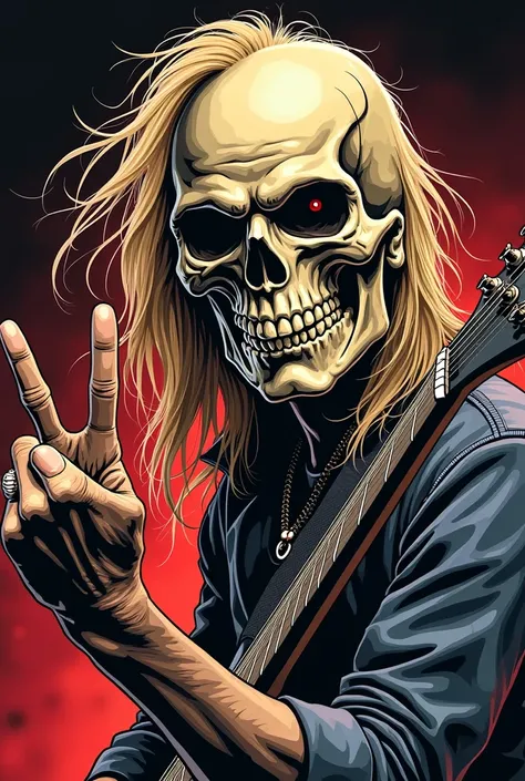 a close up of a person holding a guitar and giving the peace sign, an illustration of by Ron Walotsky, reddit, sots art, heavy metal art style, cheesy iron maiden motifs, iron maiden, heavy metal artwork, heavy metal style, thrash metal, metalhead, rock mu...