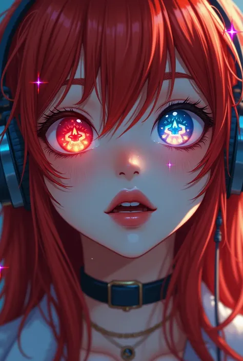 Close-up of an improved masterpiece:1.5)0.9], (UA Academy 1.2) (Messy long red hair:1.1) (Heterochromia: red eyes:1.2) (Headphones:1.0) (Colorful stars in the eyes:1.0) (A radiant glow:1.1) (Thick lips:0.9)