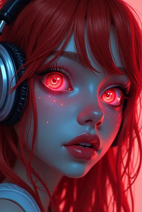 Close-up of an improved masterpiece:1.5)0.9], (UA Academy 1.2) (Messy long red hair:1.1) (Red eyes:1.2) (Headphones:1.0) (Colorful stars in the eyes:1.0) (A radiant glow:1.1) (Thick lips:0.9)