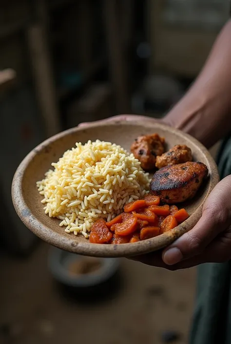 A hand holding a plate of rice, shelter and meat 