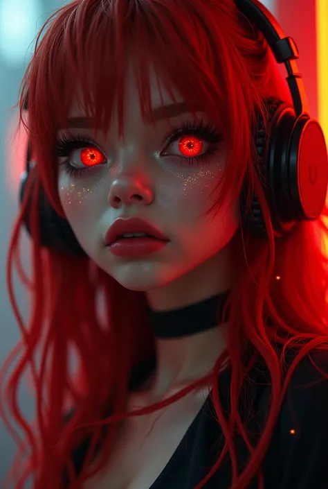 Close-up of an improved masterpiece:1.5)0.9], (UA Academy 1.2) (Messy long red hair:1.1) (Red eyes:1.2) (Headphones:1.0) (Stars in the eyes:1.0) (A radiant glow:1.1) (Thick lips:0.9) (Red and black oversized blouse) (Cold serious gaze)(Cold gaze)