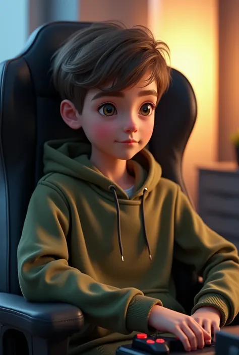 A boy sit on gaming chair and wear olive colour hudie 