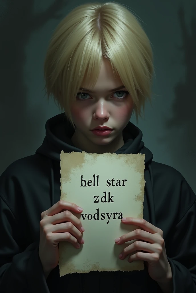 Make a blond  holding a piece of paper written HELL STAR Zdk Vodskra