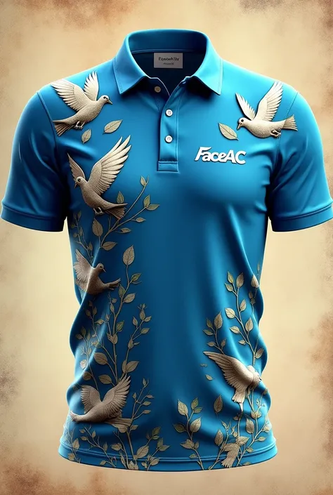 A blue sports polo shirt with lees, doves and whites with a great design with degradation , and on the lower front there is an image referring to accounting and on the chest part it has the Faceac logo