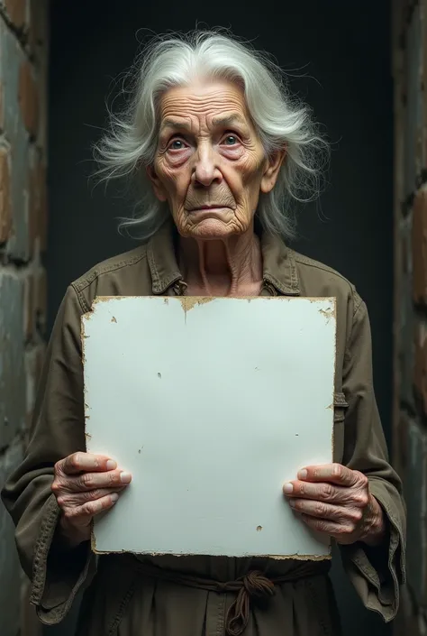 A woman with wrinkled skin with a blank sign 