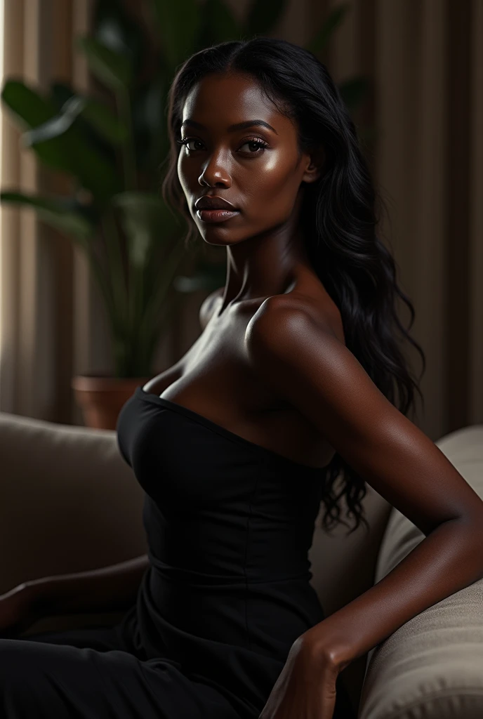 Pretty Black woman in a black dress, sitting on a couch