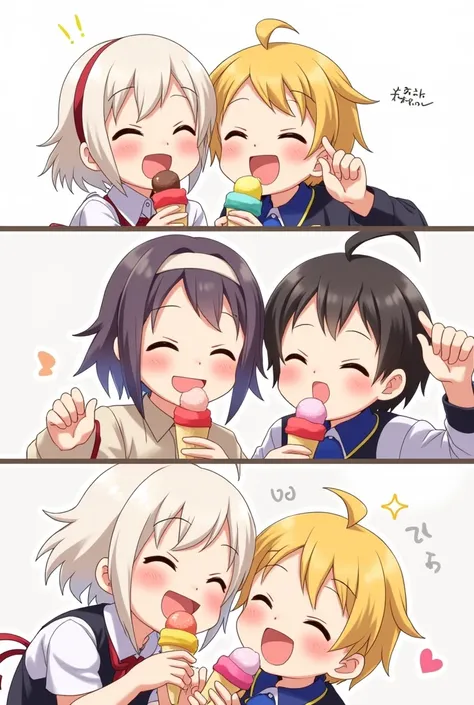 Several ren smiling and enjoying eating ice cream with a white background.