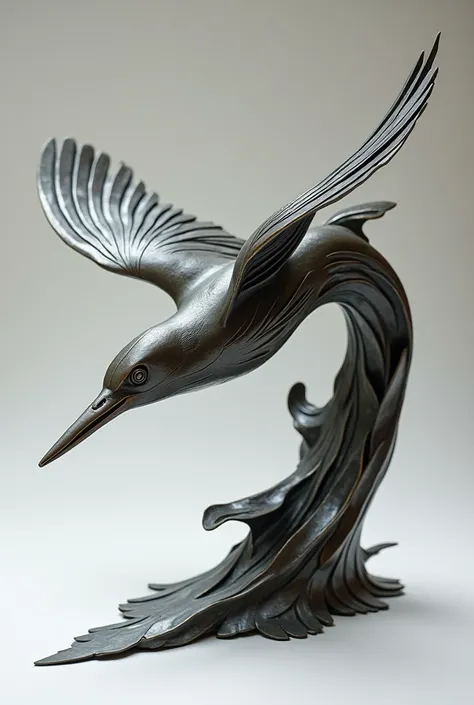 metal sculpture of kingfisher with sculpture motion of speed. like diving under