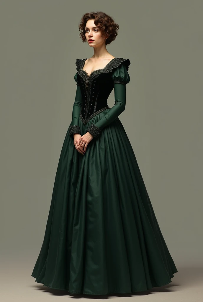  A woman with short curly hair  ( to the boy )But who wears a dress  (Black and dark green )  in the style of the second half of the nineteenth century 

