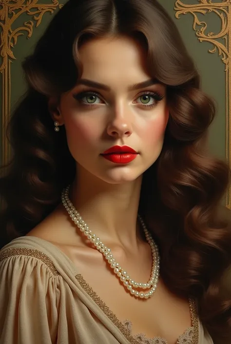 ((best quality, 4k, 8k, high resolution, masterpiece: 1.2), ultra-detailed, (realistic painting, photorealistic, photorealistic: 1.37), In the portrait of this charming Polish lady with full red lips and round face, wearing a single necklace made of small ...